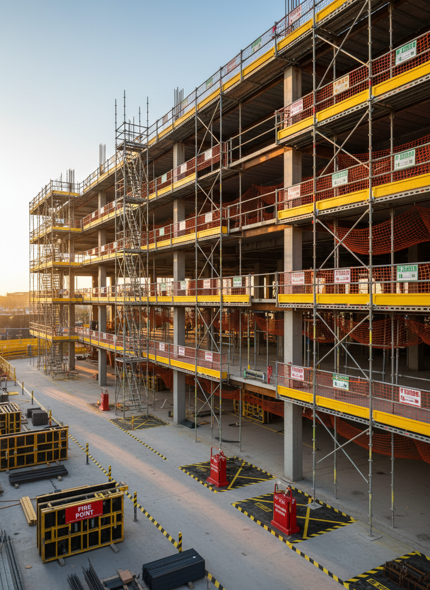 An expansive photographic view of a multi-storey construction project surrounded by precisely installed safety infrastructure: bright yellow edge protection barriers, tensioned safety nets under exposed floors, and clearly visible scaffold tags on a continuous, fully boarded scaffold system. The site is immaculately tidy, with designated material storage zones demarcated by bold floor markings and well-positioned fire points with extinguishers and signage. Captured from a slightly elevated perspective at golden hour, warm sunlight grazes the steel and concrete surfaces, casting long, controlled shadows and highlighting the safety features in sharp detail. The sky is a clear pale blue, adding to the calm, controlled mood. The composition follows the rule of thirds, giving a wide, professional overview that communicates best-practice construction health and safety implementation.