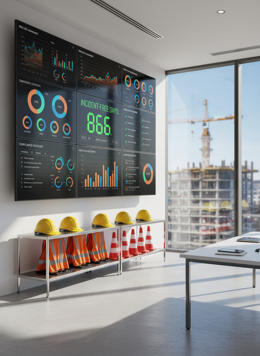 A meticulously organized construction site safety command center, with a large wall-mounted digital dashboard displaying colorful risk assessment charts, incident-free days counters, and compliance checklists. The foreground shows a neat row of high-visibility hard hats, reflective vests, and neatly stacked safety cones on stainless steel shelving, all spotless and well-maintained. Photographic realism, shot in a bright, modern office space with floor-to-ceiling windows revealing a blurred city skyline of cranes and scaffolding outside. Soft daylight floods the room, creating crisp reflections on glass surfaces and gentle shadows on the floor. Captured at eye level with sharp focus throughout, conveying a professional, trustworthy atmosphere and a calm sense of control and preparedness in construction health and safety management.