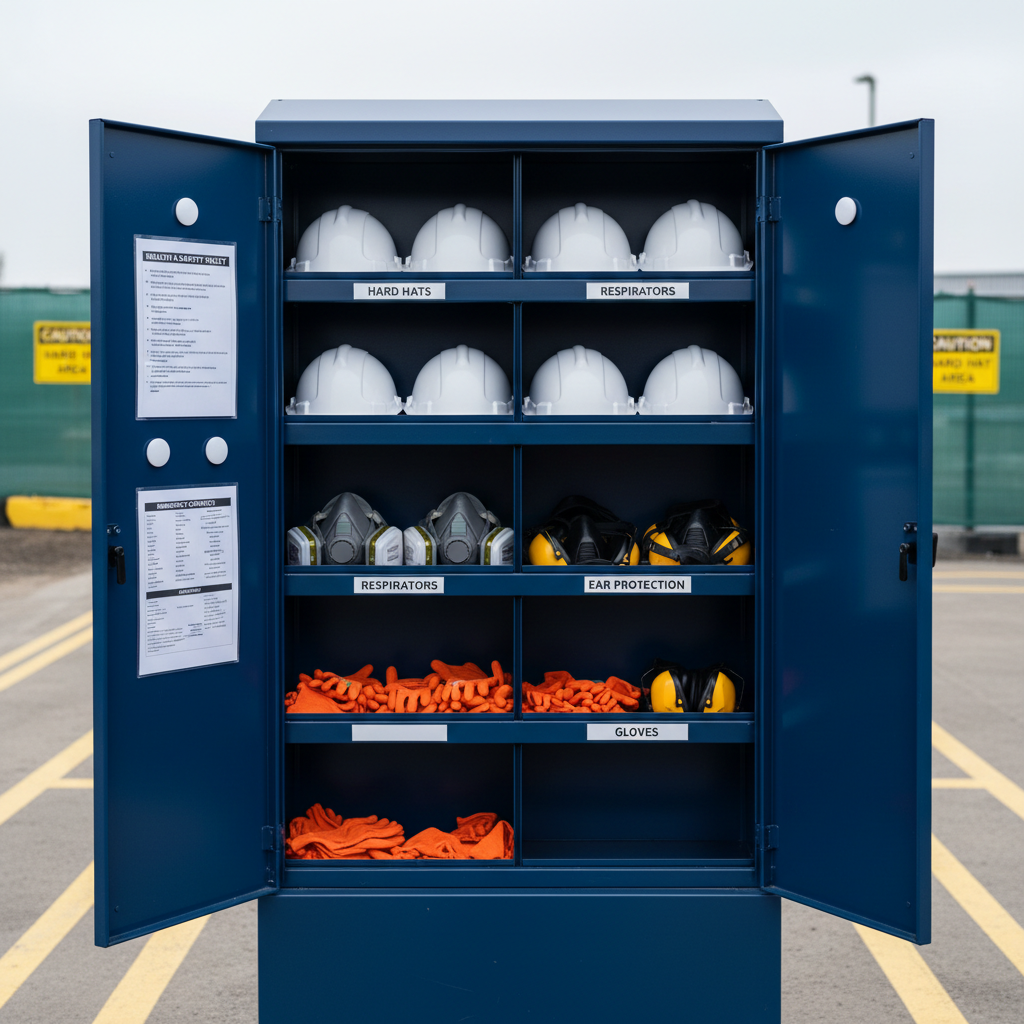 A close-up, photographic image of a pristine construction site safety station, featuring a robust metal cabinet painted in industrial blue, doors open to reveal meticulously arranged PPE: neatly aligned hard hats, dust-free respirators, ear defenders, and cut-resistant gloves in labeled compartments. A laminated health and safety policy sheet and emergency contact list are magnetized to the inside door. The background shows a blurred, tidy construction area with clearly marked walkways and hazard signage. Soft, overcast daylight creates even, diffused lighting with minimal harsh shadows, emphasizing cleanliness and order. Shot from a slightly elevated angle with moderate depth of field, the mood is reassuring, precise, and highly professional, communicating rigorous safety standards on-site.