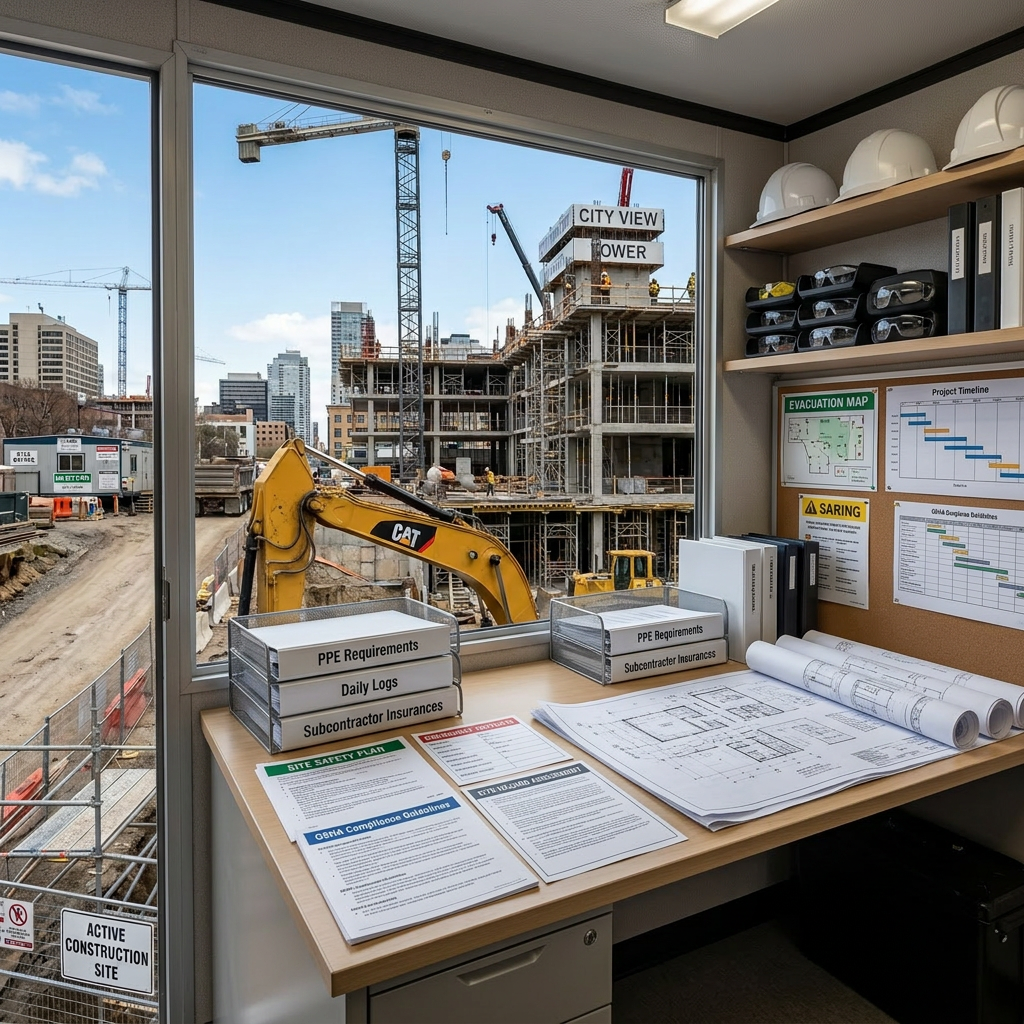 Active urban construction site with workers, heavy machinery, and concrete building framework